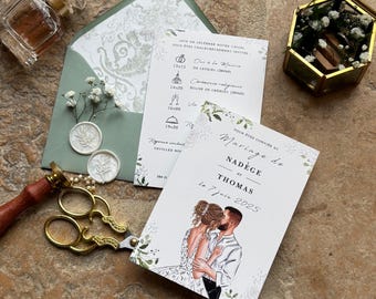 Wedding invitations, illustrated invitations, couple drawings, French invitations, eucalyptus invitations