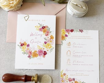 Wedding invitations, orange and pink flowers, Wedding Invitations France, Wedding cards, colorful flower invitations