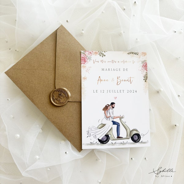 Faire-part de Mariage, dessin couple, Vespa mariage, Faire-part Mariage France, Wedding invitation