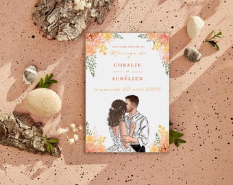 Wedding announcement, couple drawing, French wedding announcement, colorful flowers, orange flowers