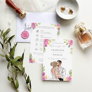 Wedding announcement, couple drawing, Wedding announcement France, tropical flowers, couple illustration