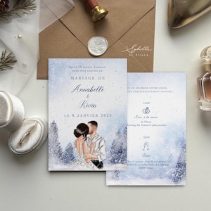 Faire-part Mariage, dessin couple, Faire-part Mariage France,  Mariage hiver, Wedding cards, hiver