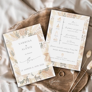 Hochzeitseinladung, Pampa, getrocknete Blumen, Böhmische Hochzeit, Hochzeitseinladung Frankreich, Böhmen, Hochzeitskarten