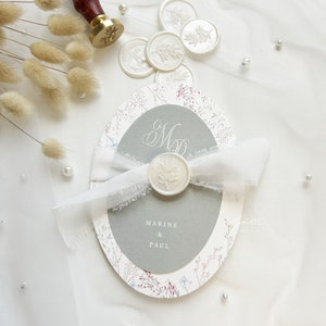 Wedding invitation, oval invitation, wax seal, sage green invitation, wax seal
