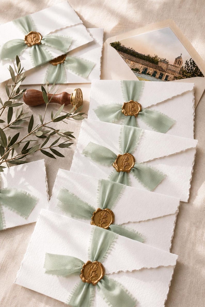 May include: White envelopes with deckled edges, each tied with a sage green frayed silk ribbon and secured with a gold wax seal featuring a botanical design. A wooden wax seal stamp and a photograph of a stone building are also visible.