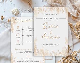 Pampas wedding invitation, Bohemian wedding, French wedding invitation, Pampas, Bohemian, dried flowers, Sybillebyaline