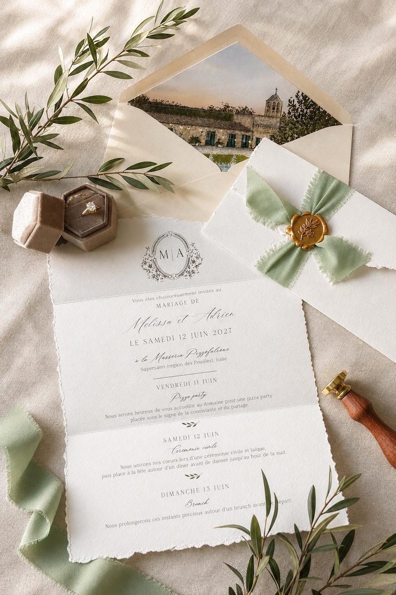 May include: A wedding invitation suite featuring a deckled-edge paper card with black text, a gold wax seal on a sage green ribbon, a matching envelope with a printed landscape, a velvet ring box containing a gold ring, and olive branches.