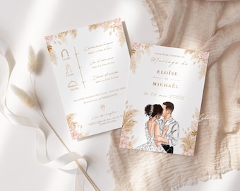 May include: Wedding invitation cards with a romantic illustration of a couple kissing. The cards feature a timeline and event details, with floral and pampas grass accents. The text is in gold, with the date May 16, 2026.