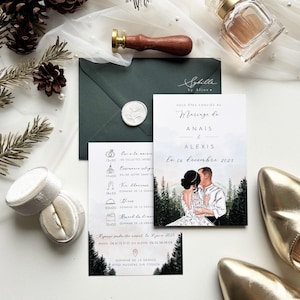 Faire-part Mariage, dessin couple, Faire-part Mariage France,  Mariage hiver, Wedding cards, hiver