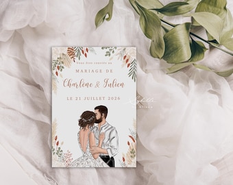 Wedding announcement, couple drawing, French wedding announcement, terracotta flowers