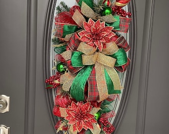 Red Green Gold Christmas Swag for Front Door Traditional Christmas Decor Christmas Decor for Living Room Teardrop Swag Christmas Wreath