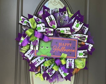 Halloween Frankenstein Wreath for Front Door, Halloween Storm Door Wreath, Deco Mesh Wreath with Sign, Green Purple Orange Halloween Wreath