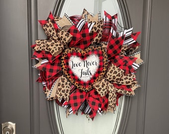 Valentines Day Narrow Wreath for Front Door Pancake Frame Valentines Day Wreath Designer Ribbon Buffalo Check Small Wreath Love Never Fails