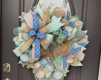 24 Inch Nautical Deco Mesh Wreath for Front Door, Summer Neutral Deco Mesh Wreath, Beach Housewarming Gift, Large Summer Lake House Wreath