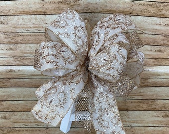 Handmade Gold White 11 Inch Bow, Wedding Bridal Shower Handmade Bow, Gift for Her, Birthday Gift Bow, 50th Anniversary Bow, Retirement Bow