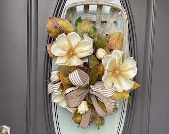 Magnolia Tobacco Basket: Farmhouse Cream Flower Decor