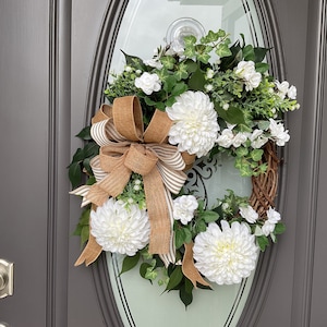 White Floral Grapevine Wreath: Neutral Door Decor, Handmade Bow