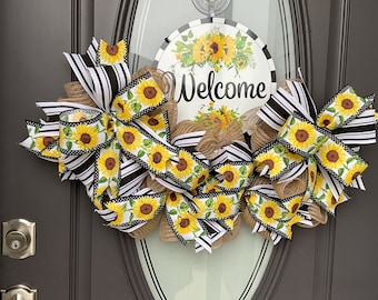 Welcome Sunflower Wreath for Front Door Summer Sunflower Door Hanger Front Door Sunflower Sign Rail Handmade Gift for Her Mother's Day Gift