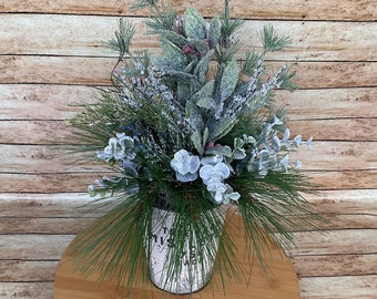 Winter Arrangement Wall Hanger Mistletoe Frosted Greenery Metal Container Arrangement Small Winter Centerpiece Housewarming Thank You Gift