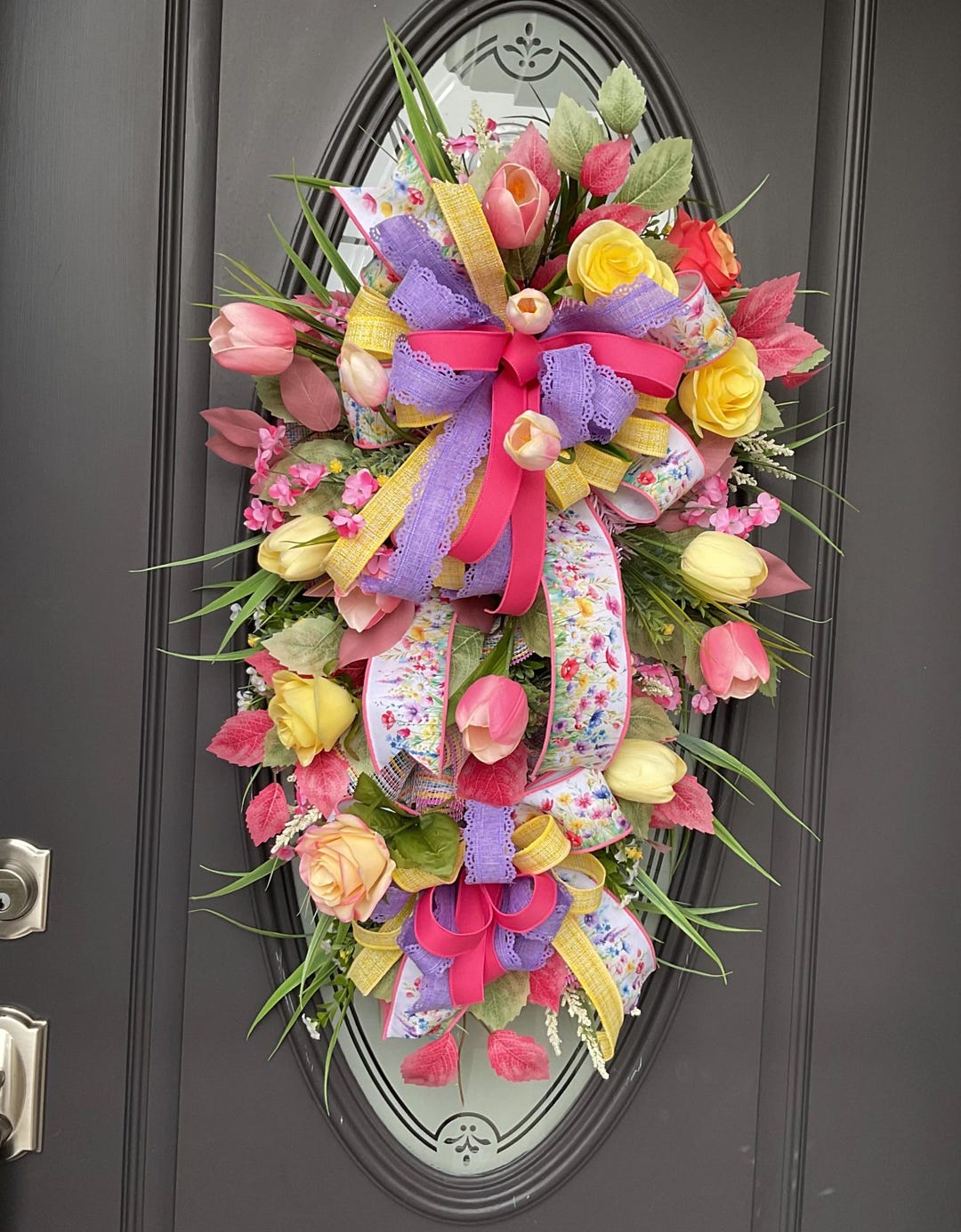 Large Spring Floral Swag for Mom: Matching Wildflower Ribbon, Tulips ...
