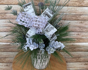 Winter Greenery Arrangement Wall Hanger with Bow Pine Holiday Greens Container Glitter Greens Frosted Eucalyptus Housewarming Gift for Her