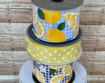 Farrisilk d. Stevens Designer Lemons Ribbon Bundle Lot 3 Rolls of Wired Ribbon Lemons on Gingham Plaid Yellow and White Pokka Dot Ribbon