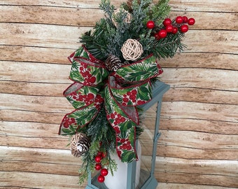 Evergreen Pine Lantern Swag with Bow Rustic Wall Sconce Swag Small Winter Centerpiece Housewarming Thank You Gift Winter Gift Nursing Home