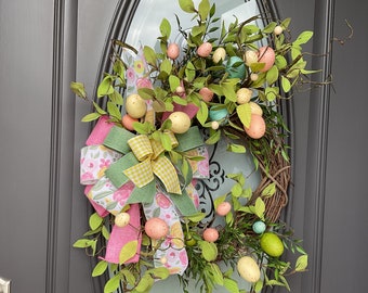 Easter Egg Grapevine Wreath for Front Door Easter Decor Spring Wreath with Eggs and Twigs Spring Grapevine Wreath Easter Housewarming Gift