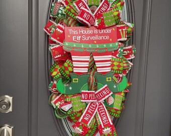 Christmas Swag for Front Door with Elf Sign Bows Christmas Decor for Front Door Red and Green Teardrop Swag Whimsical Elf Decor Christmas