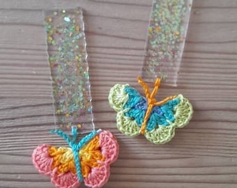 Segnalibro di resina con glitter - segnalibri uncinetto - segnalibro con farfalla - idea regalo per lettori