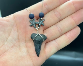 Mako shark tooth necklace silver , Fossil shark tooth Necklace, Shark tooth Necklace