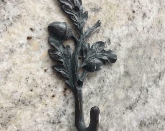 Oak Leaf & Acorn Wall Hook - Cast Metal - Rustic County Style Coat Hook
