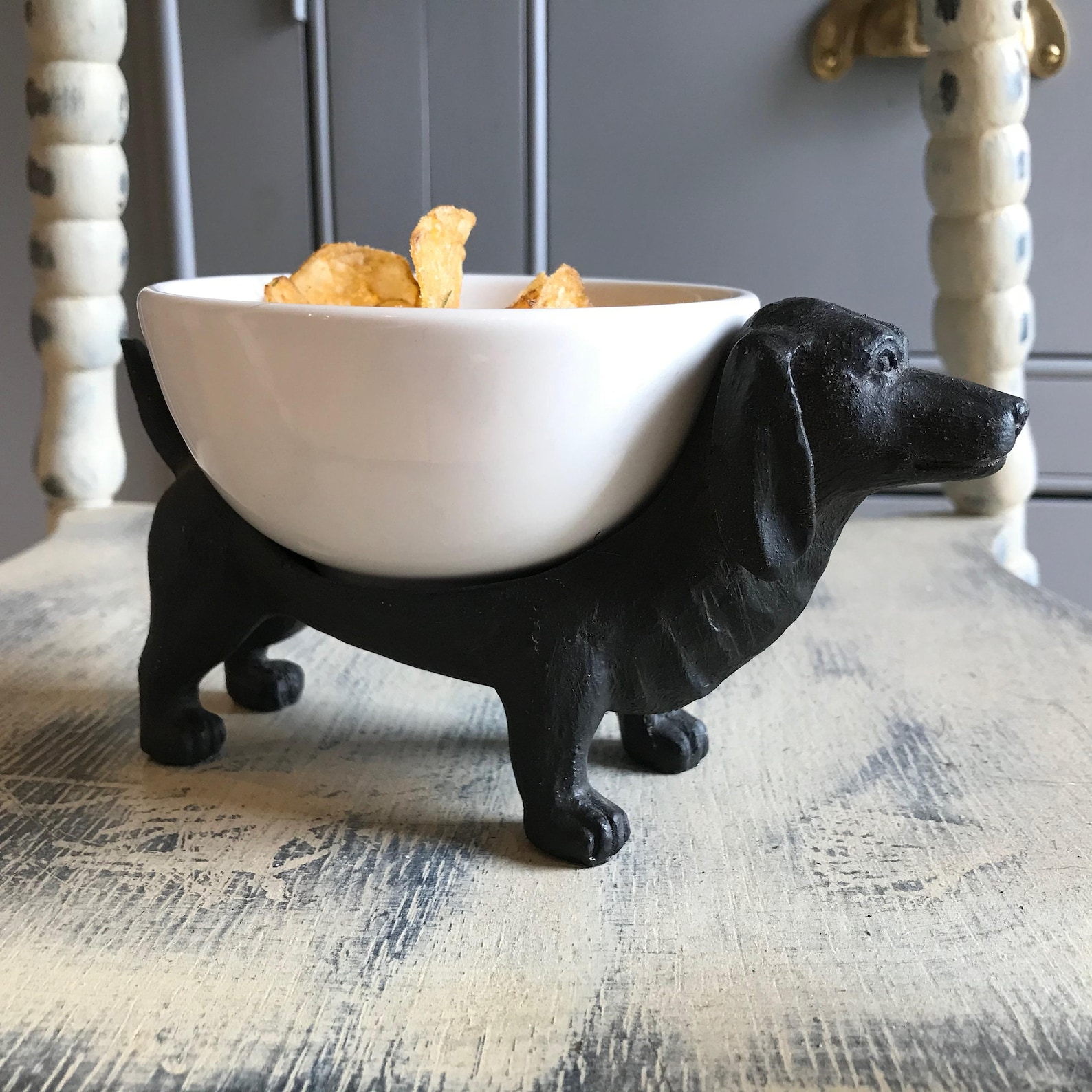 Bronzed Dachshund Dish – Sausage Dog With Bowl for Snacks, Nibbles & Desk Tidy