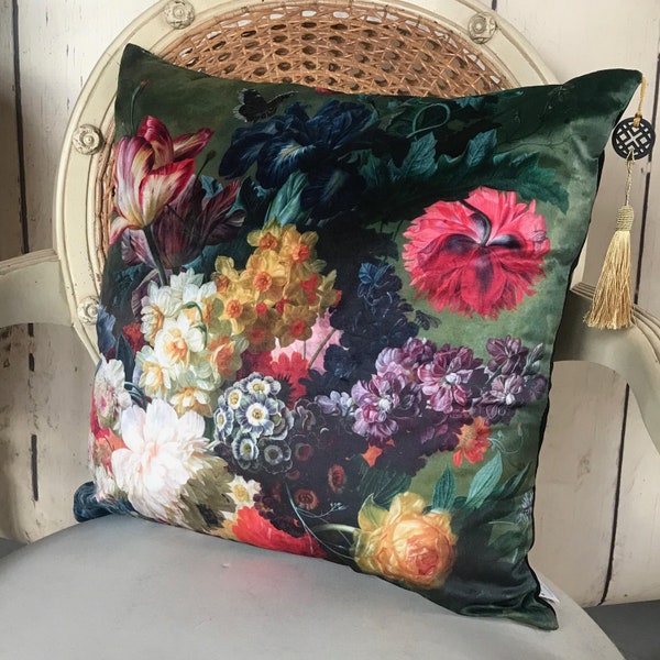 Bold Floral Velvet Cushion Cover- Vintage Style Botanical Print Flower Design