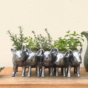 May include: A silver-toned planter shaped like a row of five standing pigs. The metallic-finished vessel features detailed snouts, ears, and legs, with green herbs planted inside the hollow backs of the pig figures, creating a continuous container.