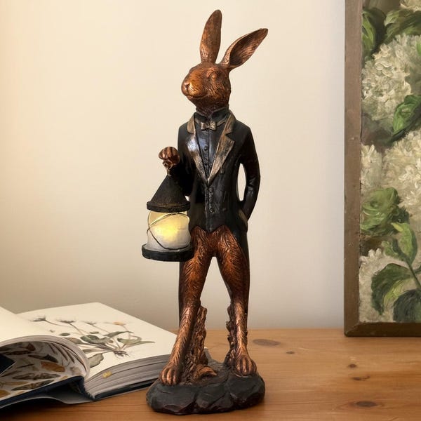Vintage Hare Figurine with LED Lantern, Ornamental Table Lamp