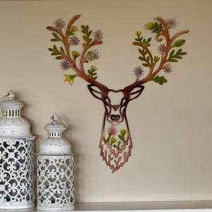 Large Stag Wall Art With Flower Design - Metal Garden Decoration - Colourful Wall Plaque
