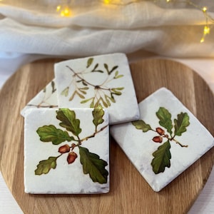 Oak & Acorn Tile Coasters - Set of 4 Woodland Nature Inspired Drinks Mats