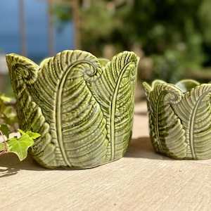 May include: Two green ceramic plant pots with a leaf design. The larger pot is in the foreground, and the smaller one is behind it. The pots have a textured surface and are in a garden setting.