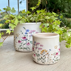May include: Two off-white ceramic plant pots with floral designs. The larger pot features pink, blue, and purple flowers, while the smaller pot has a similar design with yellow and pink blooms. Green ivy surrounds the pots.
