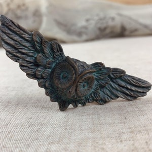 May include: A bronze owl figurine with outstretched wings. The owl has a detailed face with large eyes and a textured surface. The wings are spread wide and have a feathered texture.