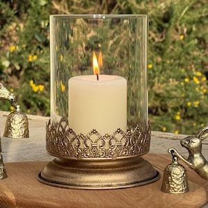 Antique Gold Hurricane Lantern, Glass Candle Holder