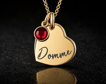Personalised Domme Heart Necklace, Engraved Dominatrix Femdom Pendant, Mistress Jewellery, Optional Birthstone