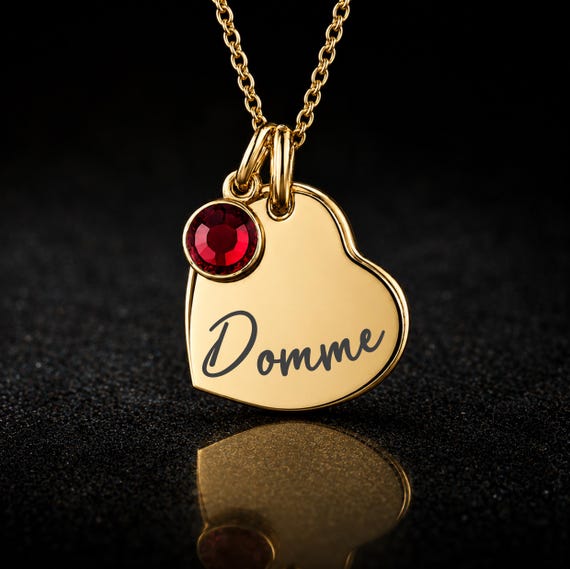 Personalised Domme Heart Necklace, Engraved Dominatrix Femdom Pendant, Mistress Jewellery, Optional Birthstone