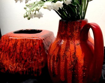 Rare CERAMIC vase  in Fat Lava gradient glaze red-orange-black. SCHEURICH, Made in W-Germany, form 414-16. RUSCHA, form 870-12. Top!