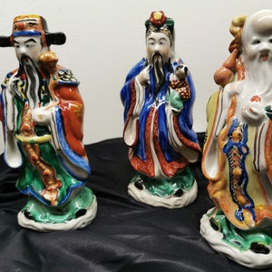 Lot of 3 Porcelain ceramic FIGURINE &quot;Three wise Chinese&quot; Confucius Trilogy ceramics multicolor * God of wisdom group, 21cm / 8.27&quot; high. 80s