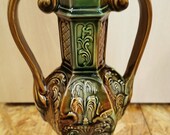 Beautiful antique glazed ceramic vase AMPHORA 6-cornered, 2 handles. Mediterranean o Roman relief-like decoration. Italy French Austria Vtg.