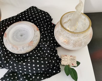 Exclusive 2pc MB ARTE MURANO design satin frosted glass set: Vase with lid + Bowl. Made in Italy, H 24cm/ 9.45&quot; and 6cm/ 2.36&quot; vintage