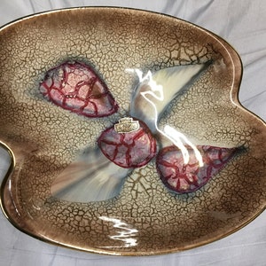 WGP Bay ceramics: Exceptional vintage BOWL, barrel glaze, fantasy decor, gold edge. Label + West Germany 442. Diam 8.66 &quot;to 11.0&quot; 50s60s TOP