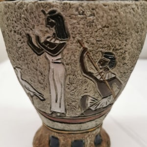 Vintage ceramic vase AMPHORA 2 handles * Fratelli Marchi BRESCIA Italy * Engobe painting Egyptian/Etruscan motif * H 11.2&quot;. Top mid century